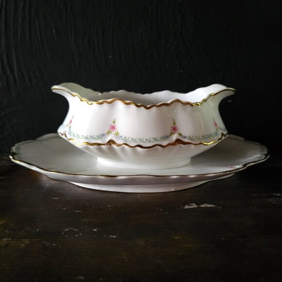 Pope Gosser Gravy Boat w/ Attached Underplate Gold Trim Pink Flower Green Swag - Picture 2 of 12
